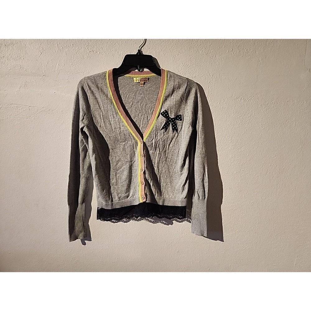 Princess Vera Wang Sweater womens Small Grey Cardigan Long Sleeve Lace Bow